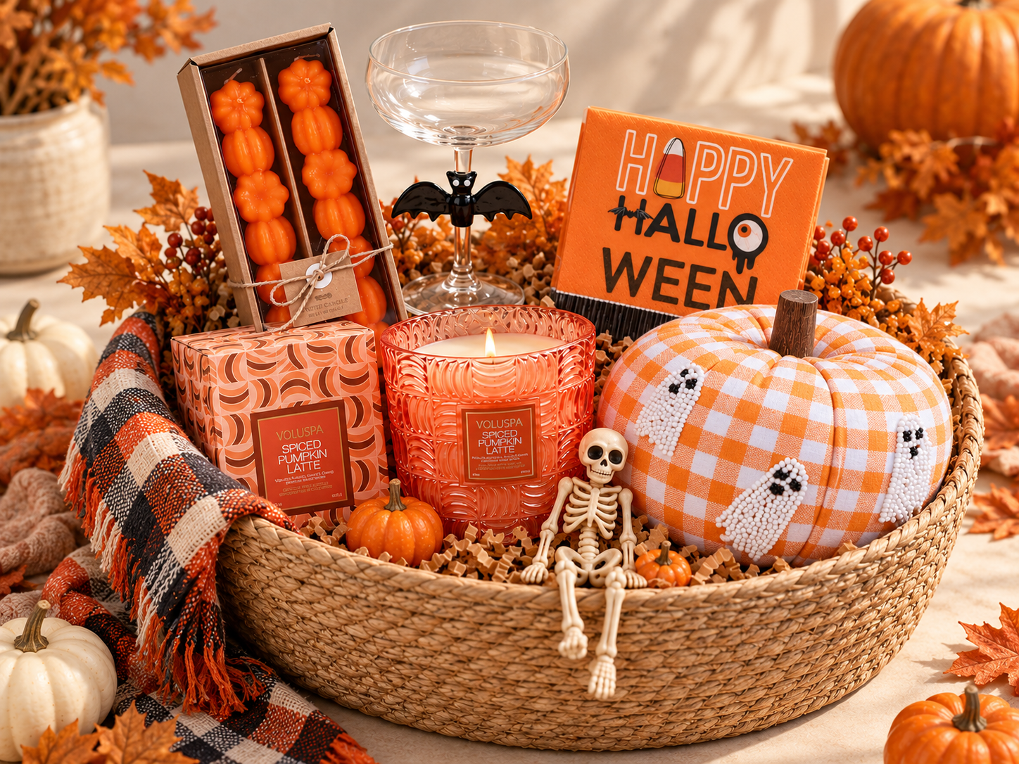 Halloween gift basket with pumpkin candles, a bat glass, festive napkins, a ghost patterned pumpkin, and autumn décor.