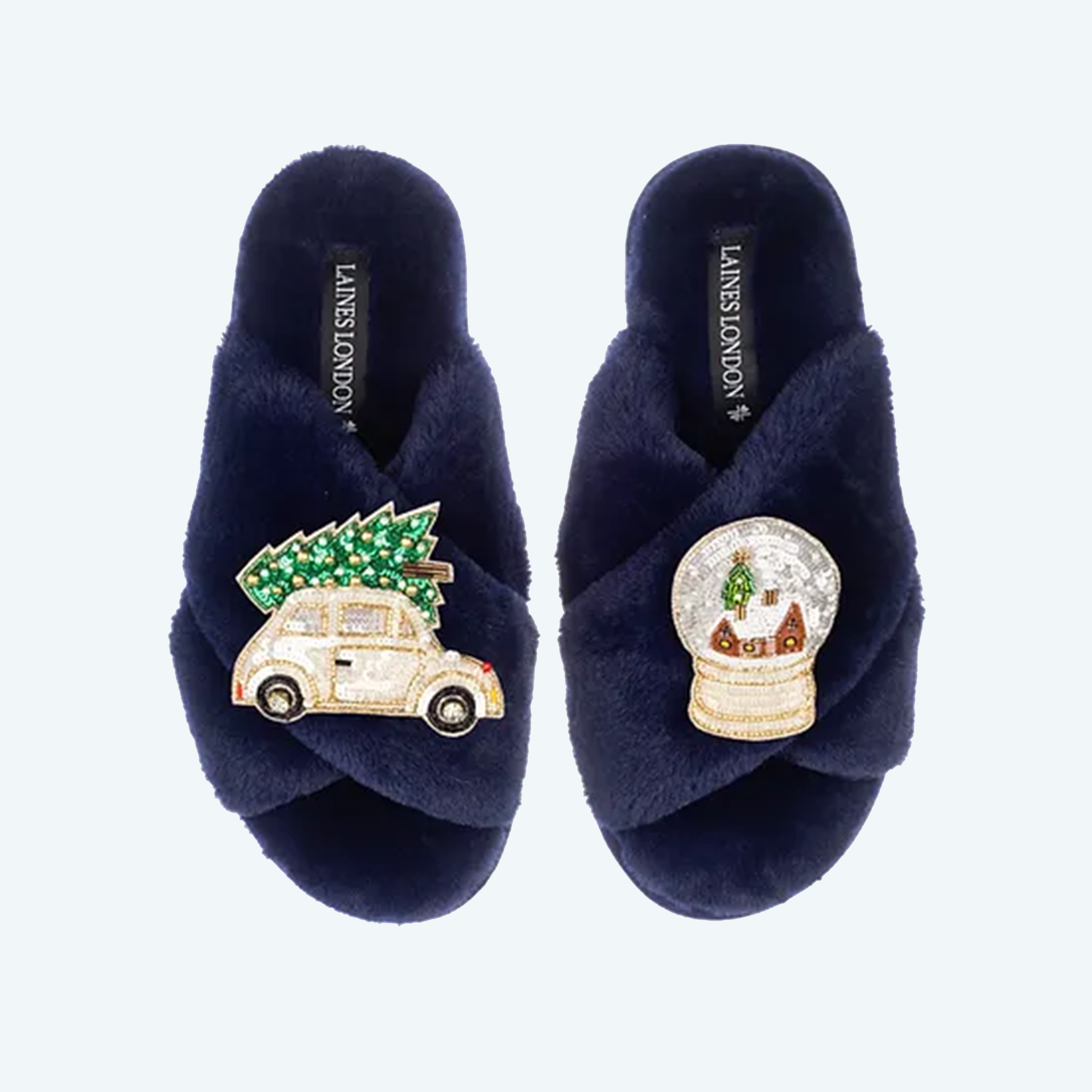 Christmas Navy Car & Snow Globe Brooches - Slippers