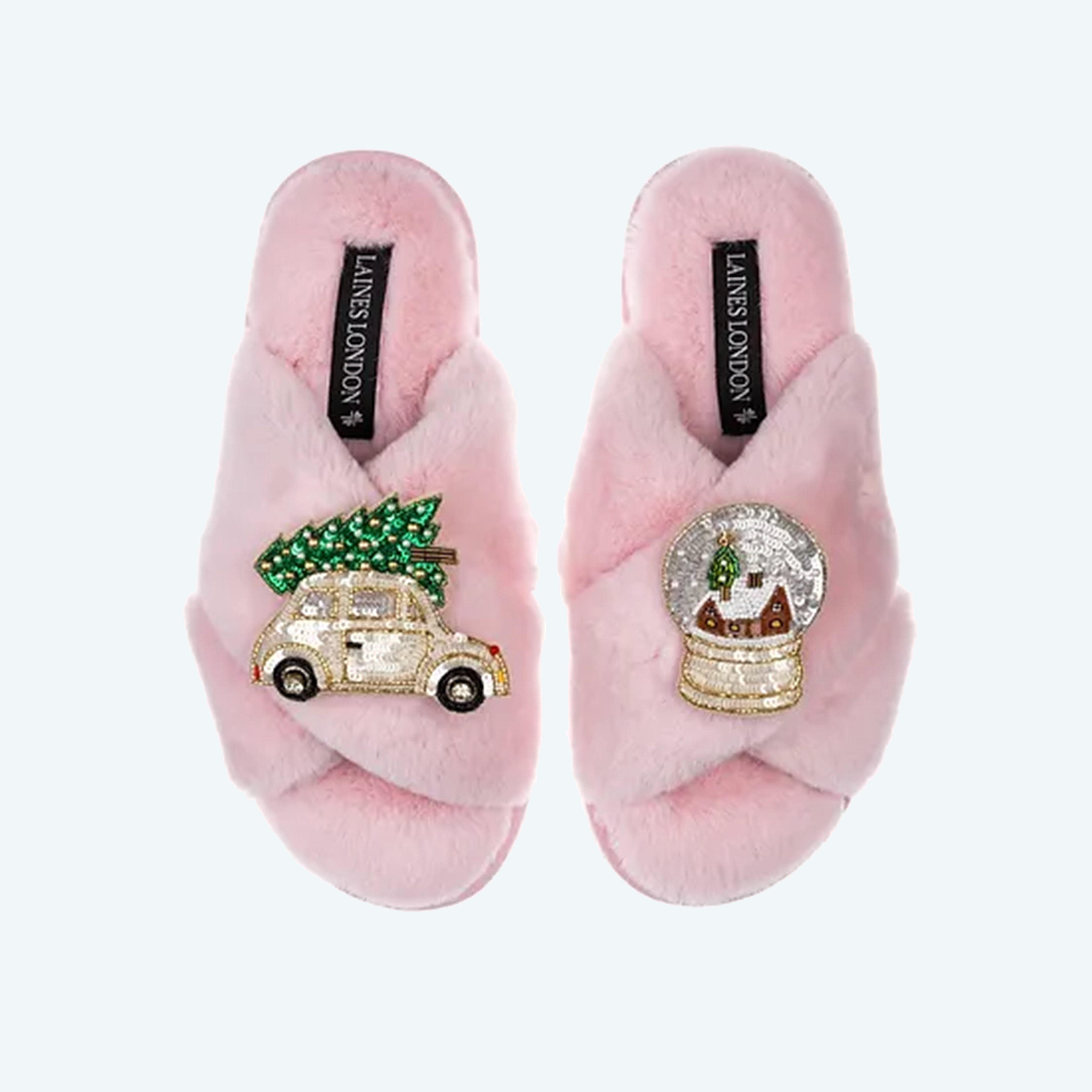 Christmas Pink Car & Snow Globe Brooches - Slippers