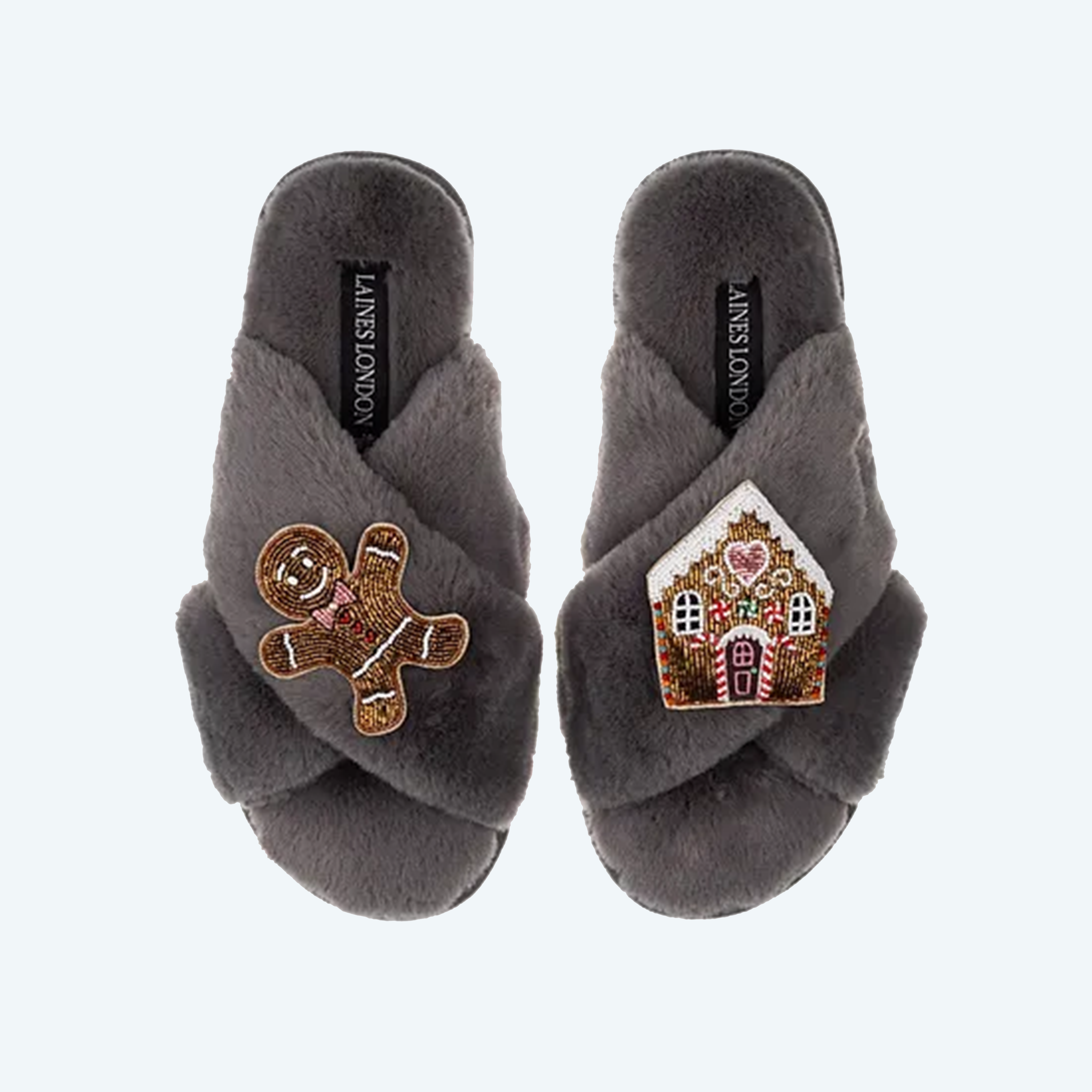 Christmas Grey Gingerbread Man & House Brooches - Slippers