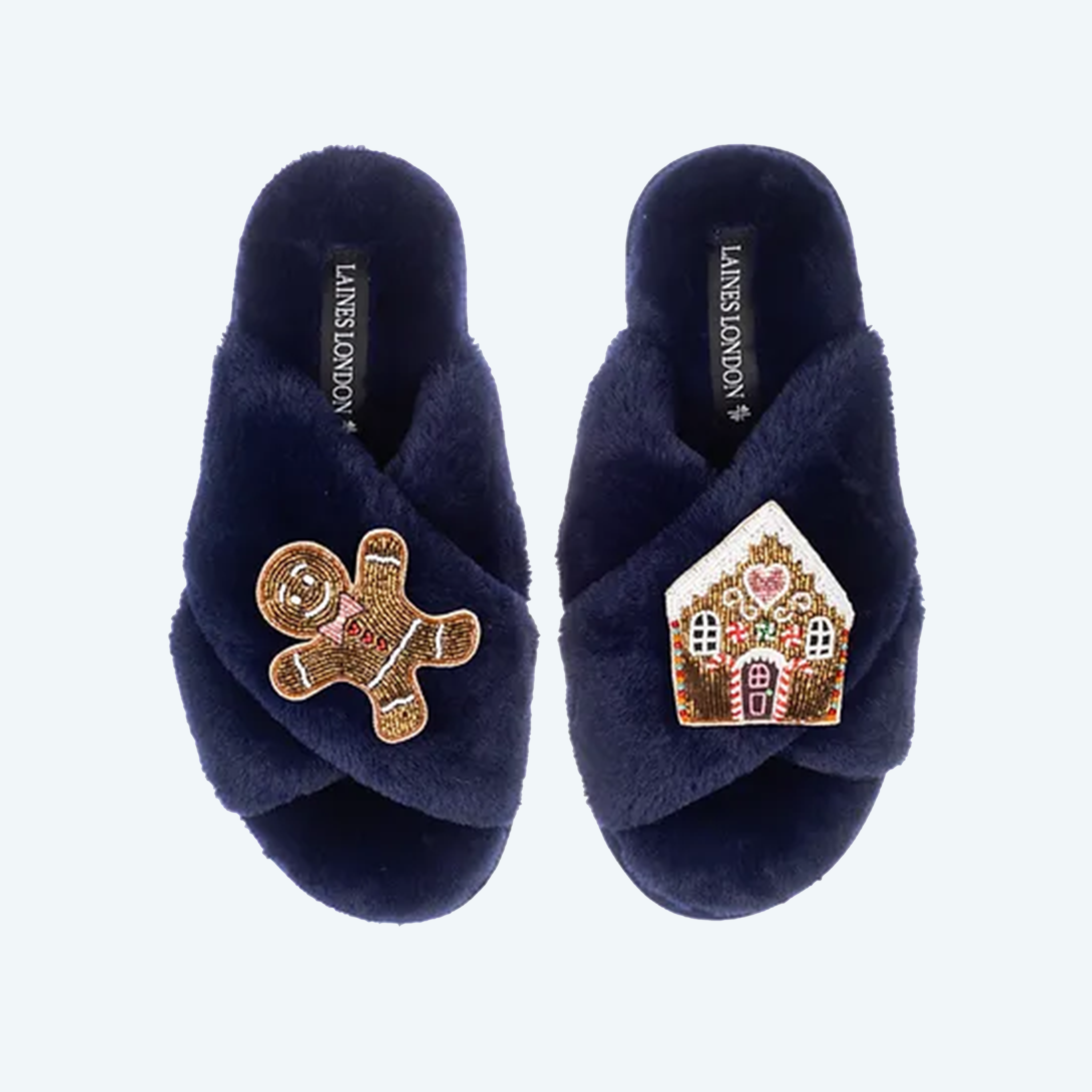 Christmas Navy Gingerbread Man & House Brooches - Slippers